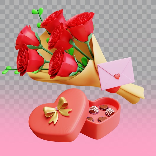 rendering 3D Bouquet di fiori di San Valentino con cioccolato