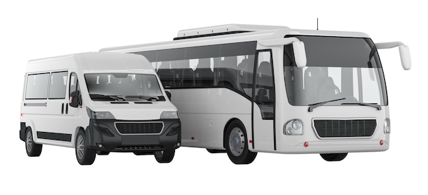 Rendering 3D de bus et de minibus blancs isolés sur un fond transparent