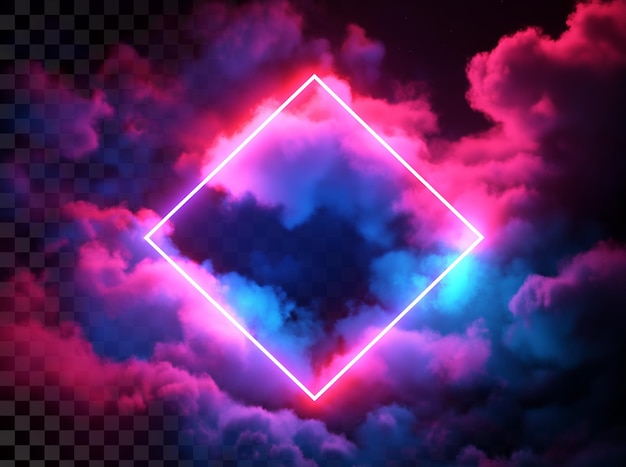 Rendering 3D d'un cadre carré lumineux en néon avec des nuages roses et bleus sur un fond transparent