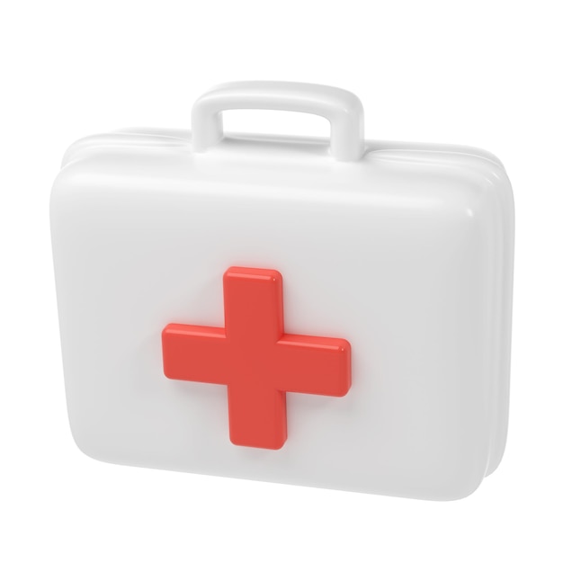 Rendering 3D de caja médica de primeros auxilios con icono de cruz roja suministros y medicamentos de la industria de la salud