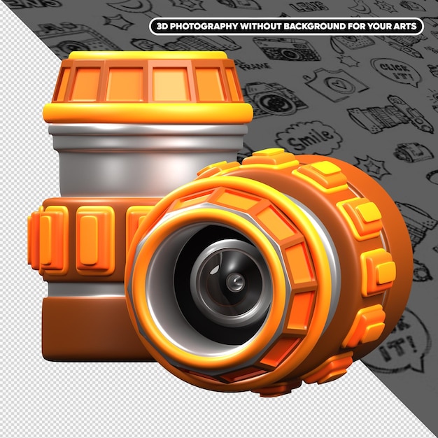 Rendering 3D d'une caméra orange et argentée