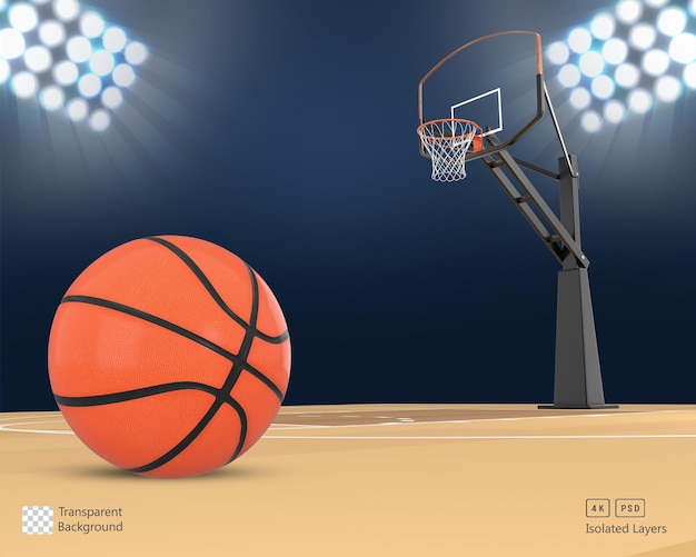 Rendering 3D Campo da pallacanestro con vista frontale della palla e del cerchio