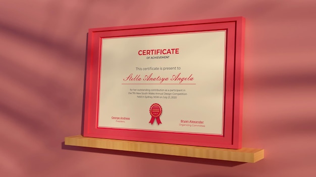 Rendering 3D Certificato moderno mockup realistico design rosa