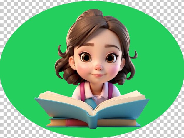 PSD rendering en 3d de una chica de dibujos animados linda leyendo un libro