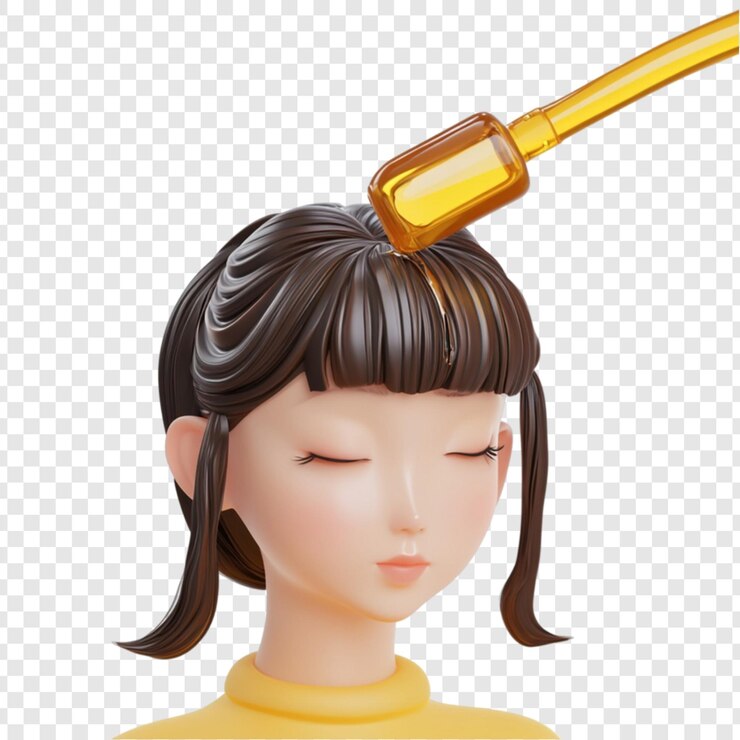 PSD rendering 3d de una chica que recibe tratamiento con aceite para el cabello botella amarilla vertiendo aceite en el cabello marrón cuidado de la belleza cabello saludable cabello brillante cuidado del cabello rutina