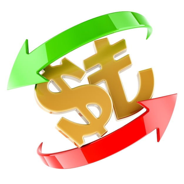 Rendering 3D del concepto de cambio de dólar y lira aislado sobre un fondo transparente