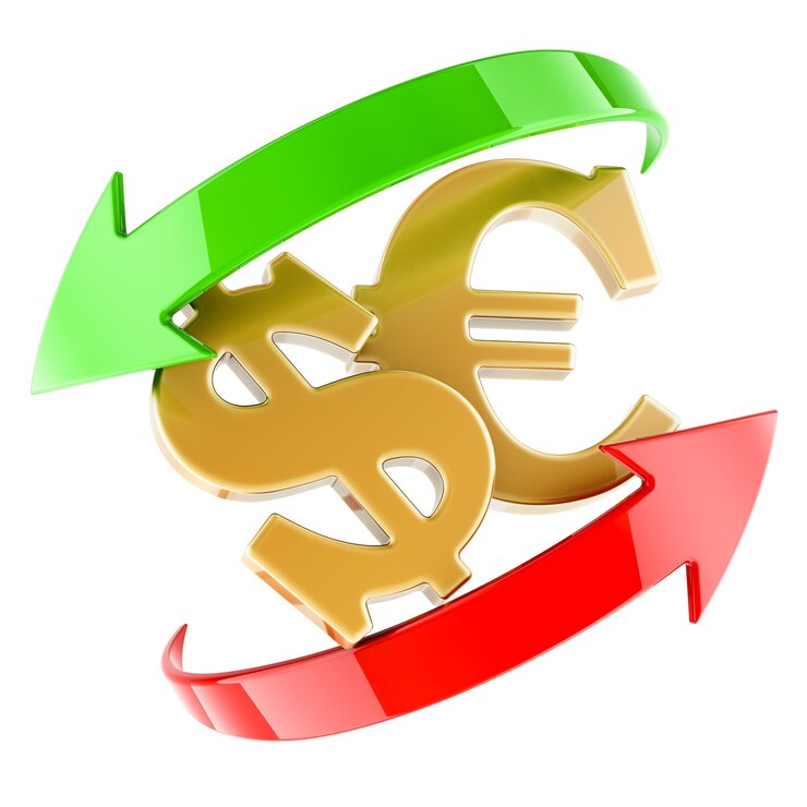 PSD rendering 3d del concepto de cambio de dólares y euros aislado sobre un fondo transparente