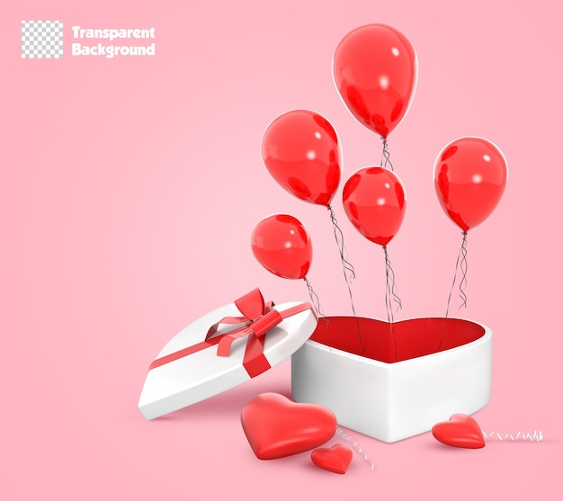 Rendering 3D Confezione regalo a forma di cuore aperto con palloncini volanti