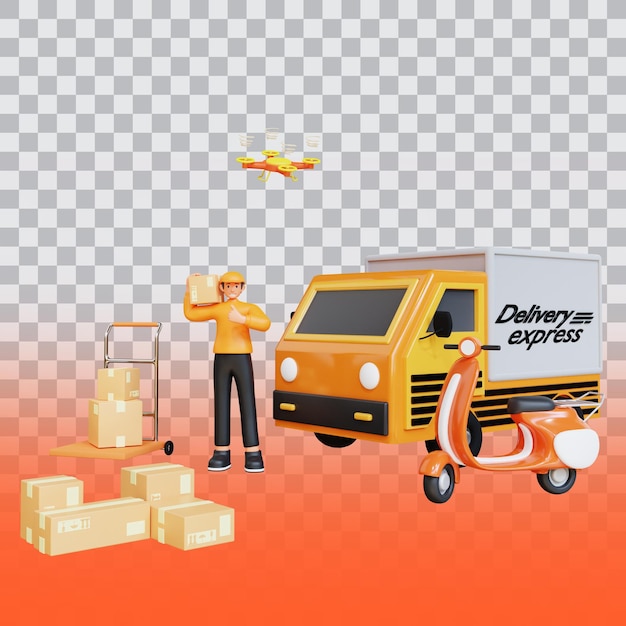 rendering 3d corriere arancione in piedi con veicolo per la consegna di pacchi camion moto drone