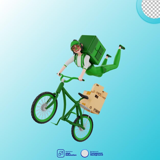 rendering 3d Corriere con borsa di consegna con bicicletta