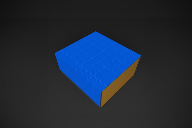 Rendering 3D d'un cube bleu sur une base brune isolée contre un fond sombre