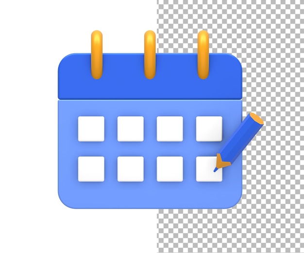 PSD rendering 3d de la date et de l'heure du calendrier bleu et jaune avec un crayon pour la conception de l'interface utilisateur