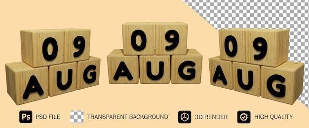 Rendering 3d del calendario in legno dell'illustrazione del concetto del 9 agosto psd premium