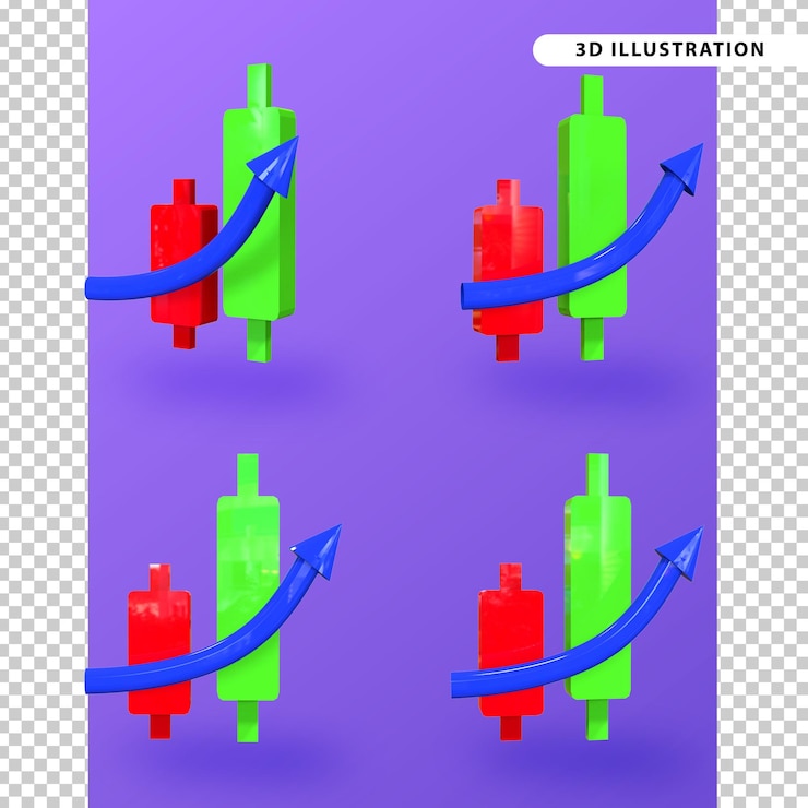 PSD rendering 3d del candeliere in moneta rossa e verde e freccia rivolta verso l'alto concetto di icona