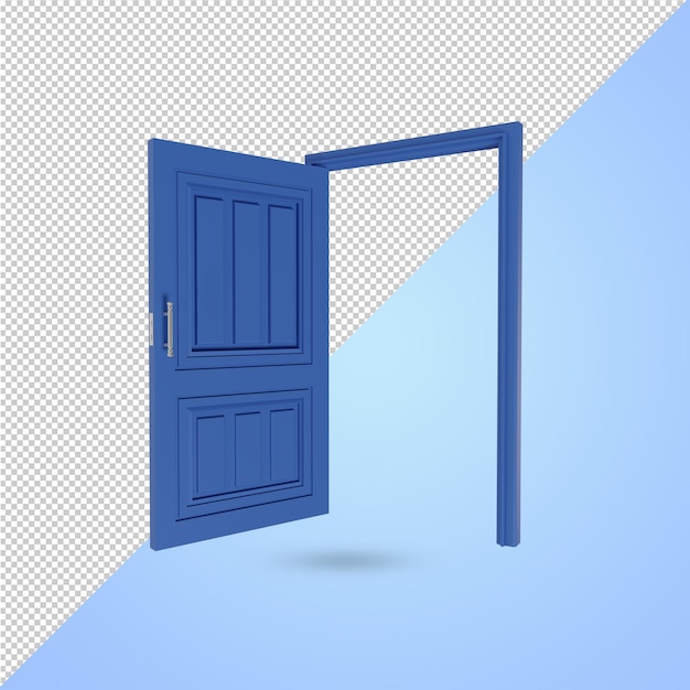 Rendering 3D del concetto di modello di porta blu aperta