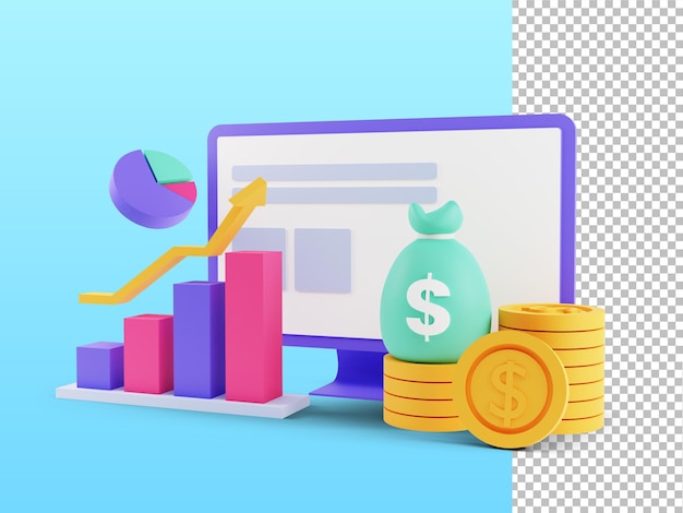 Rendering 3D del concetto di ROI Ritorno sull'investimento persone che gestiscono il reddito di profitto del grafico finanziario