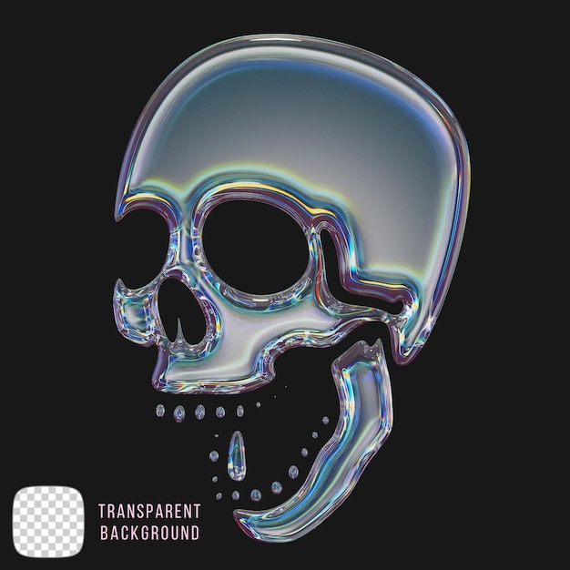Rendering 3D del cranio in vetro a dispersione su sfondo trasparente