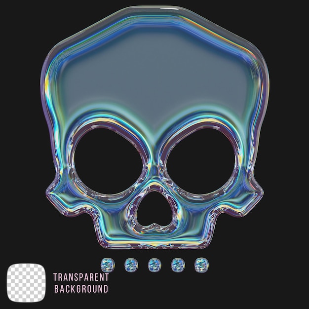 Rendering 3D del cranio in vetro a dispersione su sfondo trasparente