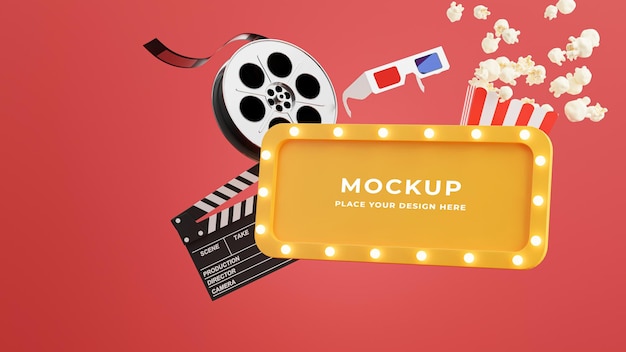 Rendering 3D del fotogramma del cinema con popcorn, striscia di pellicola, battaglio, biglietti e occhiali 3d