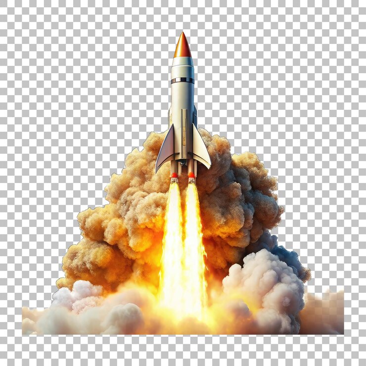 Rendering 3D del lancio di missili e razzi con fuoco e fumo