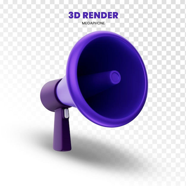 Rendering 3D del megafono viola su sfondo trasparente