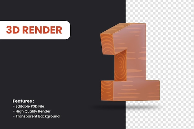 Rendering 3D del numero 1 con effetto texture legno isolato
