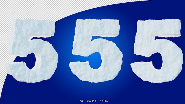Rendering 3D del numero 5 a forma e stile di un ghiacciaio su sfondo trasparente