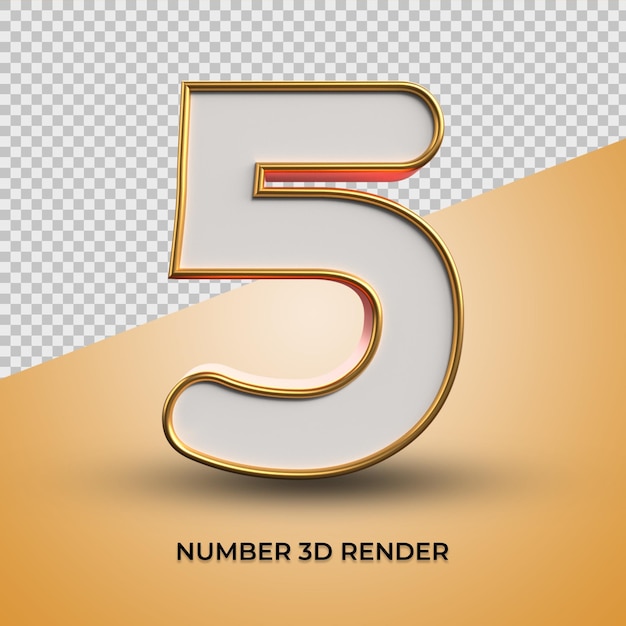 Rendering 3D del numero 5 bianco con contorno oro