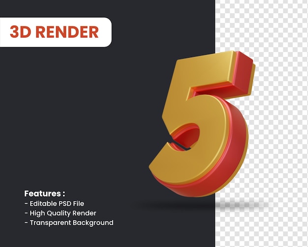 Rendering 3D del numero 5 con effetto lucido isolato
