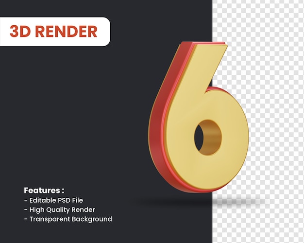 Rendering 3D del numero 6 con effetto lucido isolato
