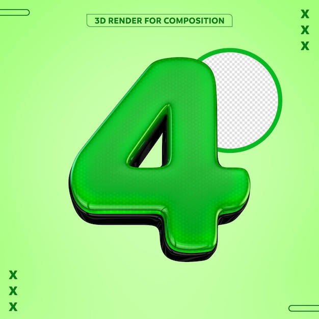 Rendering 3D del numero quattro in verde lucido