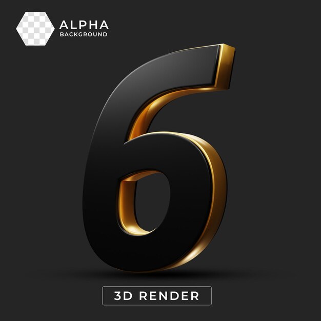 Rendering 3D del numero sei nero e oro