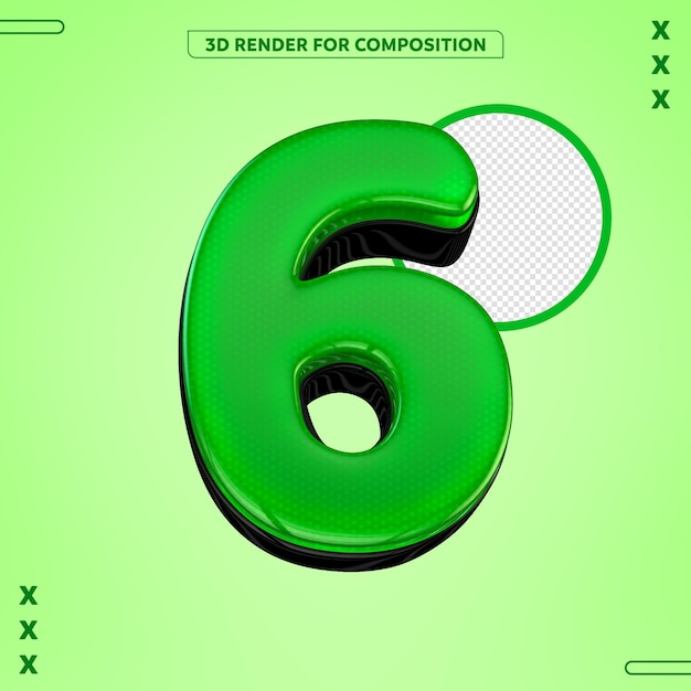 Rendering 3D del numero verde lucido 6