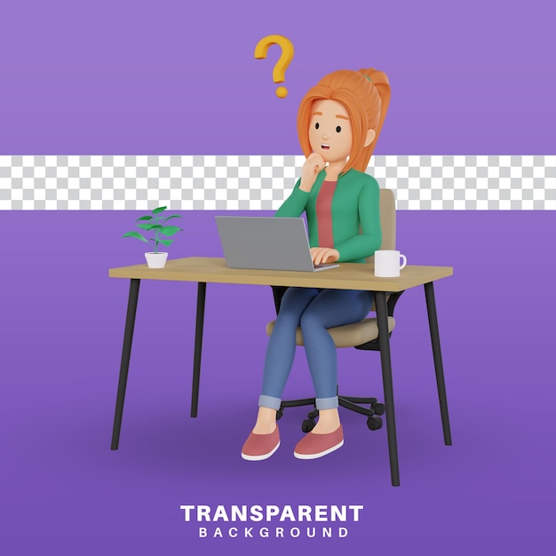 Rendering 3D del personaggio confuso della ragazza dei cartoni animati che lavora su un laptop con un punto interrogativo