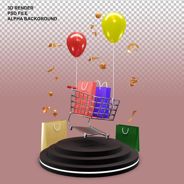 Rendering 3D del podio con grafico dello shopping volante e sfondo trasparente con palloncini colorati