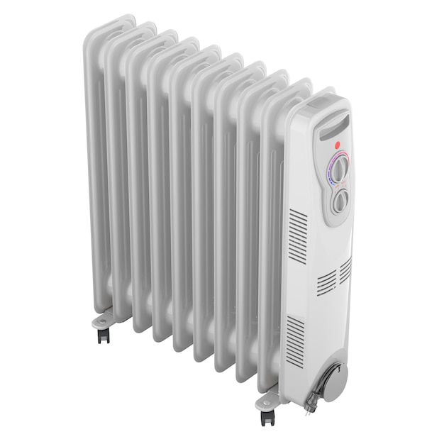 Rendering 3D del radiatore riempito di olio del riscaldatore elettrico bianco isolato su sfondo trasparente