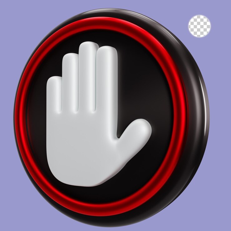 PSD rendering 3d del segnale di stop con la mano sulla banda nera
