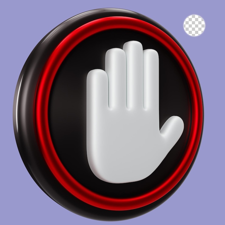 PSD rendering 3d del segnale di stop con la mano sulla banda nera