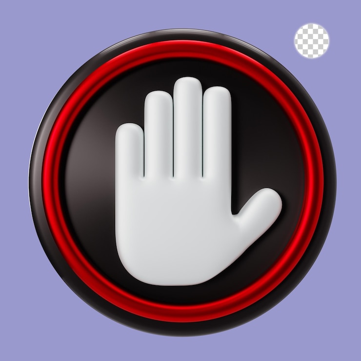 PSD rendering 3d del segnale di stop con la mano sulla banda nera
