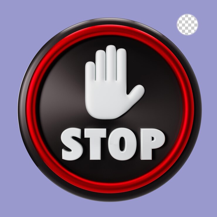 PSD rendering 3d del segnale di stop con la mano sulla banda nera