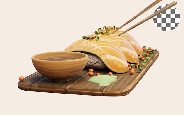 Rendering 3D del sushi giapponese con bacchette e salsa