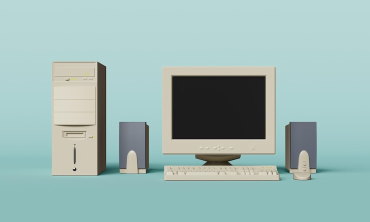 PSD rendering 3d del vecchio set di computer da scrivania
