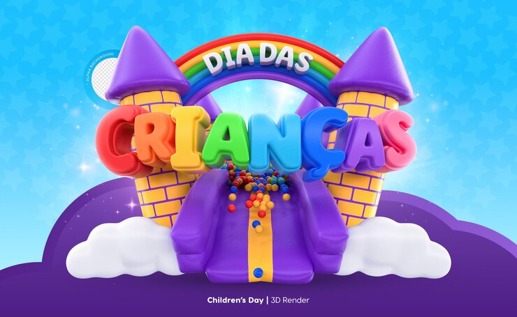 Rendering 3D dell'etichetta del castello del giorno dei bambini in portoghese per la celebrazione brasiliana
