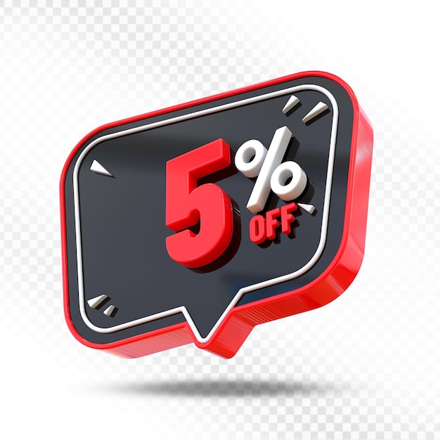 Rendering 3D dell'etichetta promozionale al 5% di sconto