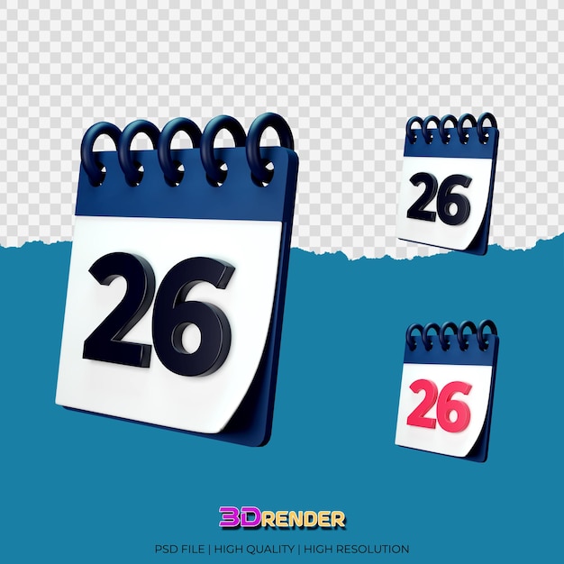 Rendering 3d dell'illustrazione del calendario della 26a data nera e rossa