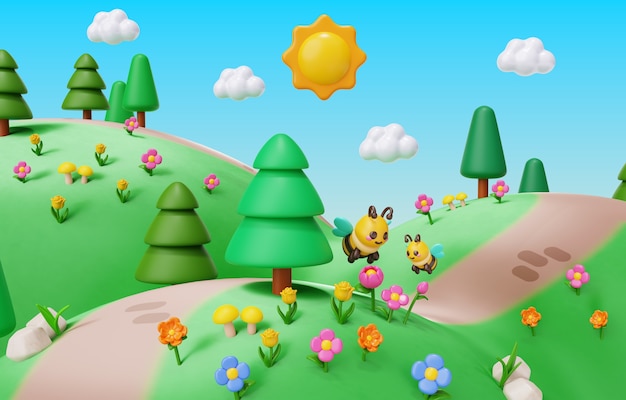Rendering 3D dell'illustrazione del paesaggio primaverile