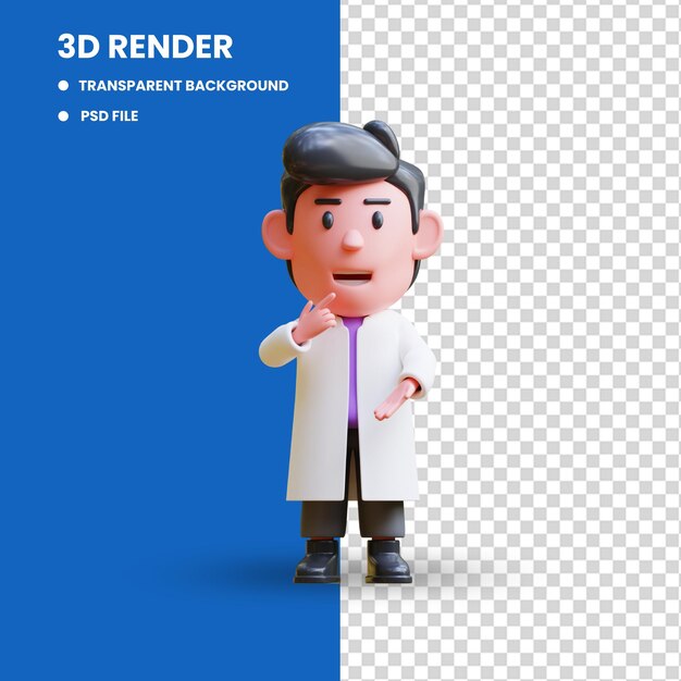 Rendering 3d dell'illustrazione del personaggio dello scienziato carino con espressione confusa e indovinare