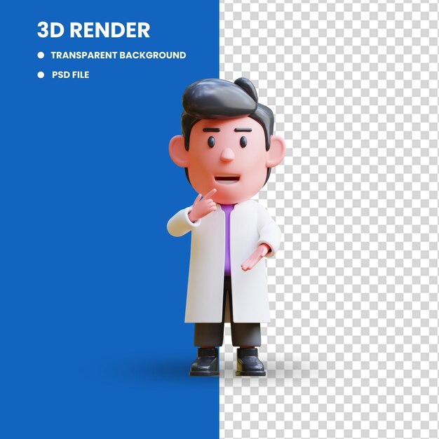 Rendering 3d dell'illustrazione del personaggio dello scienziato carino con espressione confusa e indovinare