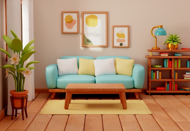 Rendering 3D dell'illustrazione del soggiorno