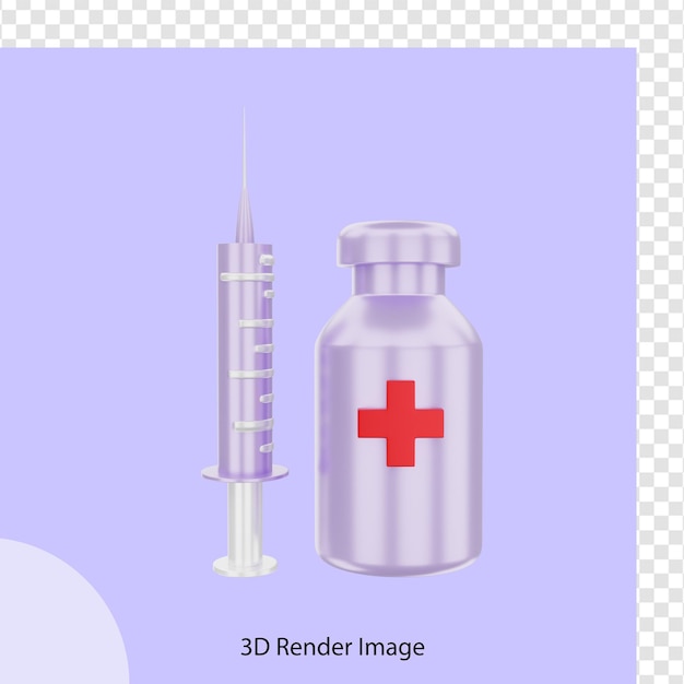 Rendering 3d dell'iniezione e del flacone del vaccino medico covid 19